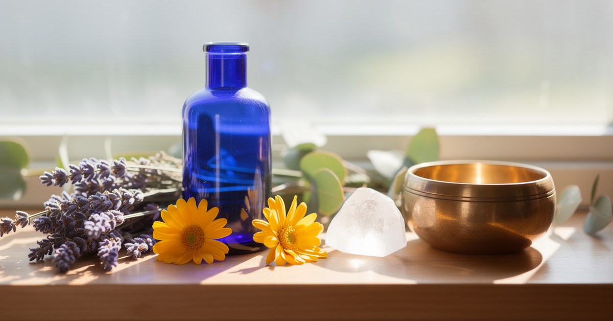 Sunlit windowsill with a blue glass bottle, fresh purple lavender, yellow daisies, green leaves and a clear quartz crystal beside a small brass bowl